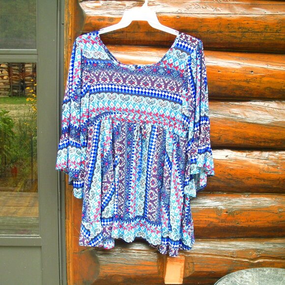 Silky Colorful Flowy Bell Sleeve Boho Tunic Dress Top Size M/L - Picture 1 of 3